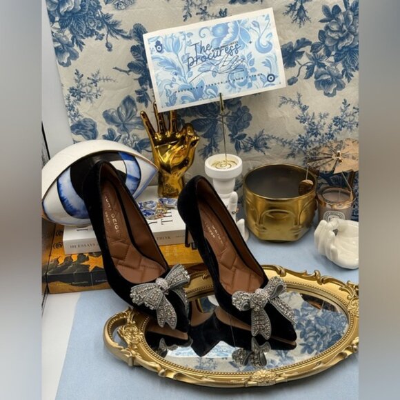 🆕 KURT GEIGER LONDON 🧿 NWOB Belgravia Bow Court Heel, Black Velvet Sz 37 US 7 - Picture 2 of 15